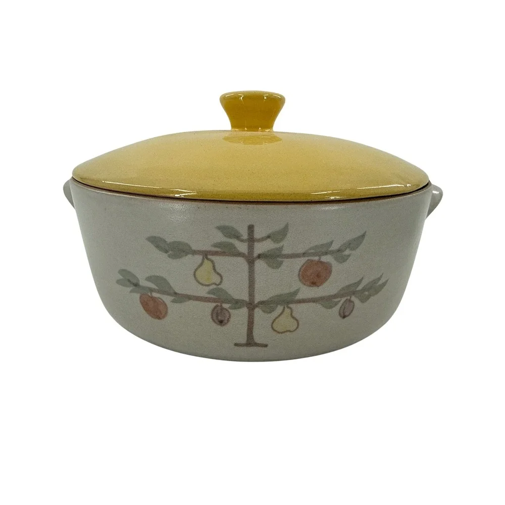 Vintage Fruit Tree Stoneware Casserole Dish with‎ Yellow Lid and Side Handles